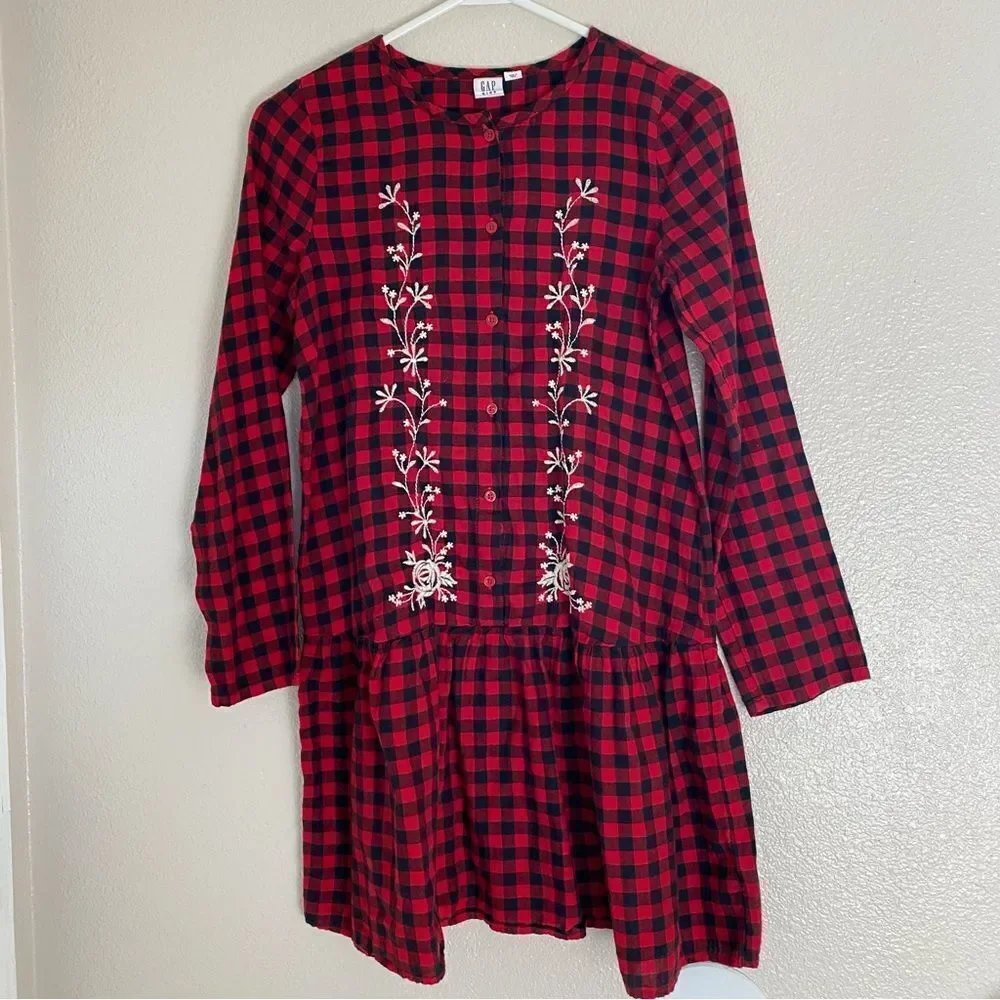 Gap Embroidered red Christmas Plaid button up ruffle shirt Dress girls XL